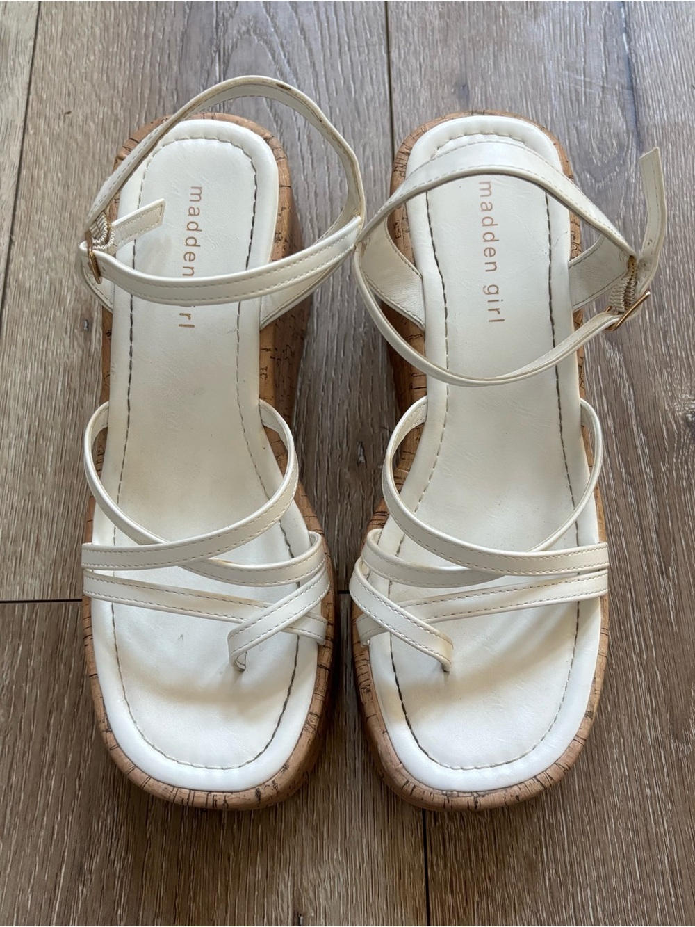 Madden Girl Cream Strappy Cork Wedge Sandals